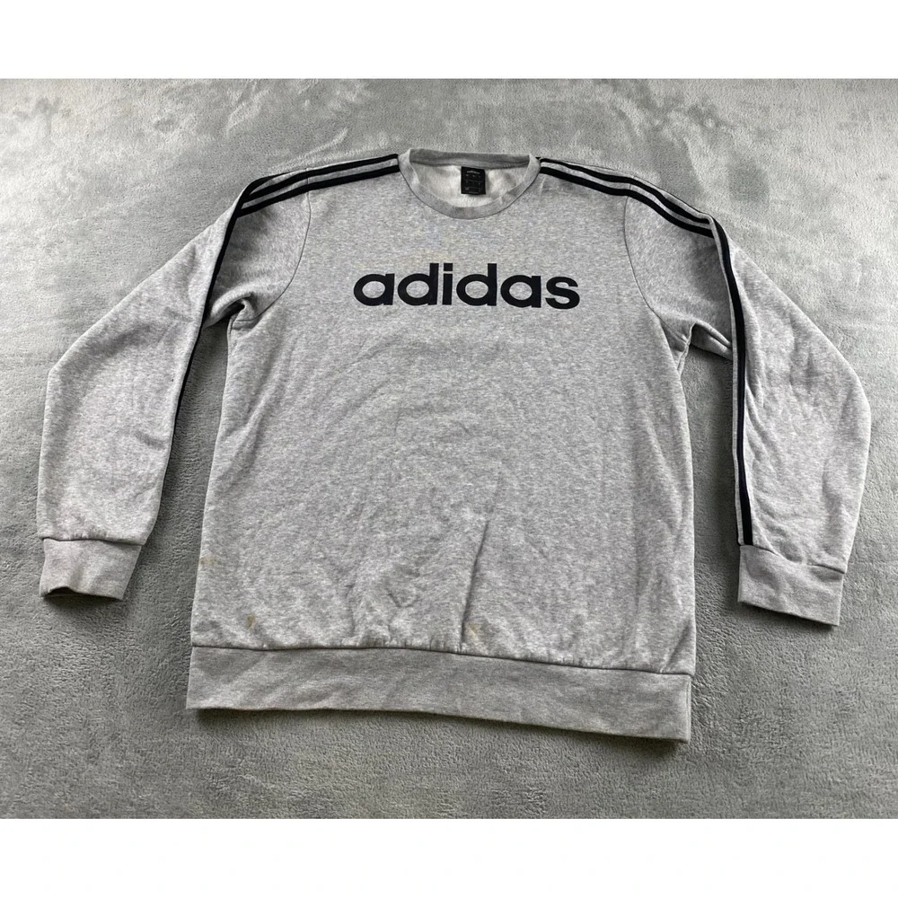 Adidas Mens Crewneck Sweatshirt Gray Black‎ Logo 3-Stripe Pullover Size L